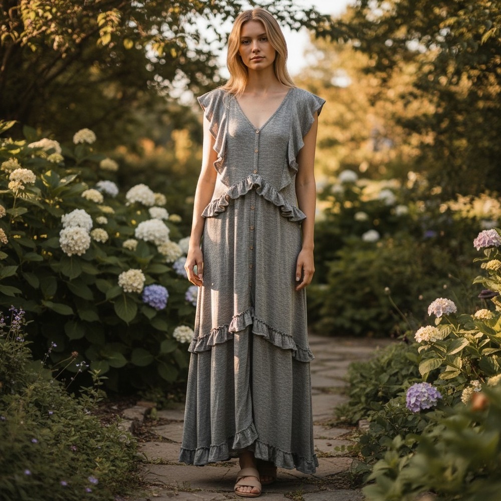 Free People FP Beach Maxi Dress Womens Large Grey Ruffle Button Front Boho